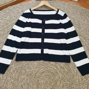 Black White Bold Stripe Ribbed Knit Cropped Cardigan